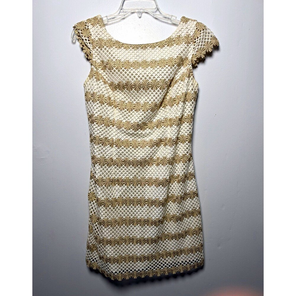 Lilly Pulitzer White Gold Lace Embroidered Shift Dress V-Neck Cap Slv Zip 4